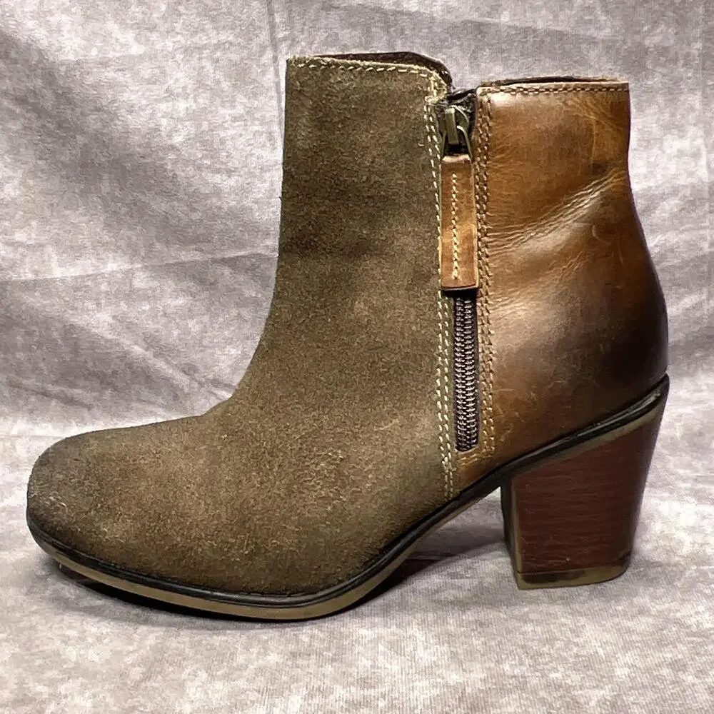 Roan Lina Boots Womens 7.5 Brown Leather Ankle Side Zip Block Heel Casual